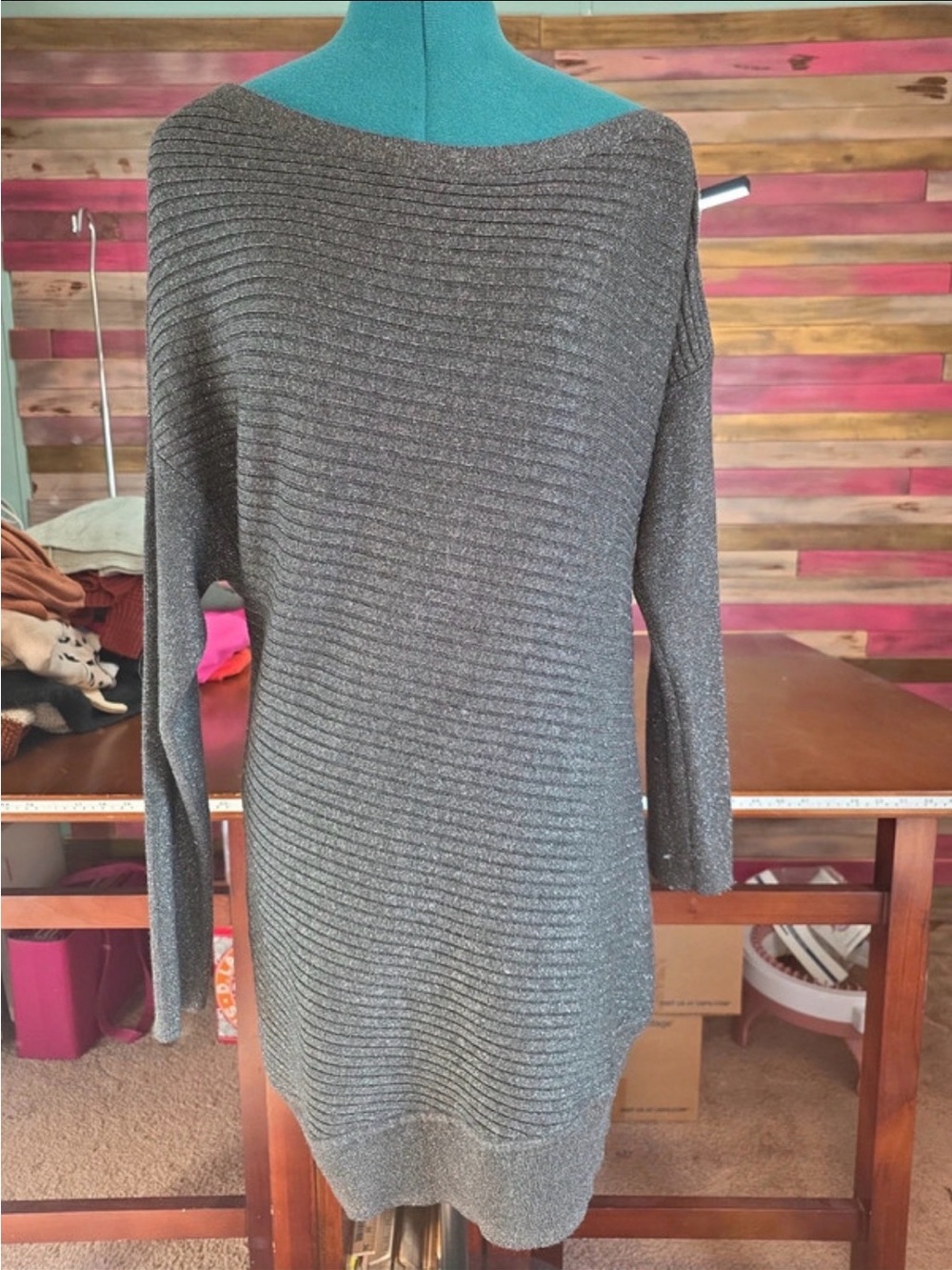 White House Black Market Metallic Off-Shoulder Ribbed Sweater in Gray